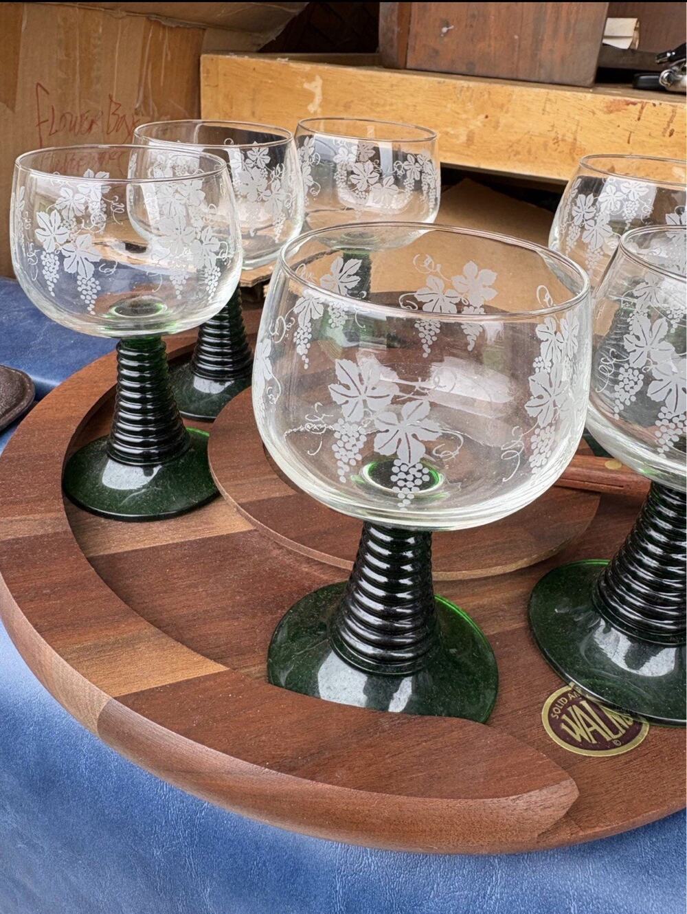 Set of 6 Vintage Luminarc France Roemer Wine Glasses - Green Beehive Stem + Tray